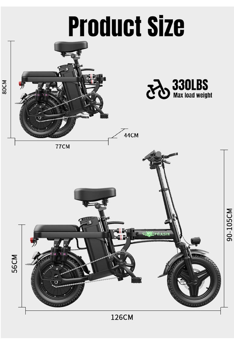 غاز دراجة كهربائية قابلة للطي مقاس 14 بوصة بمدى 100 ميل (مساعدة الدواسة 1) ببطارية 48 فولت، وسرعة 20 ميلًا في الساعة بقوة 500 وات، دراجة كهربائية للبالغين، مناسبة للتنقل، إطارات للتنقل، الشاطئ، الثلج، سكوتر كهربائي جبلي - Image 2