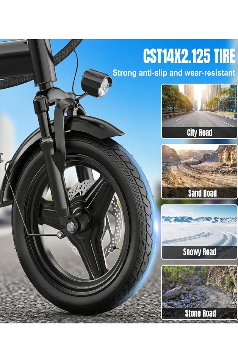 غاز دراجة كهربائية قابلة للطي مقاس 14 بوصة بمدى 100 ميل (مساعدة الدواسة 1) ببطارية 48 فولت، وسرعة 20 ميلًا في الساعة بقوة 500 وات، دراجة كهربائية للبالغين، مناسبة للتنقل، إطارات للتنقل، الشاطئ، الثلج، سكوتر كهربائي جبلي - Image 4