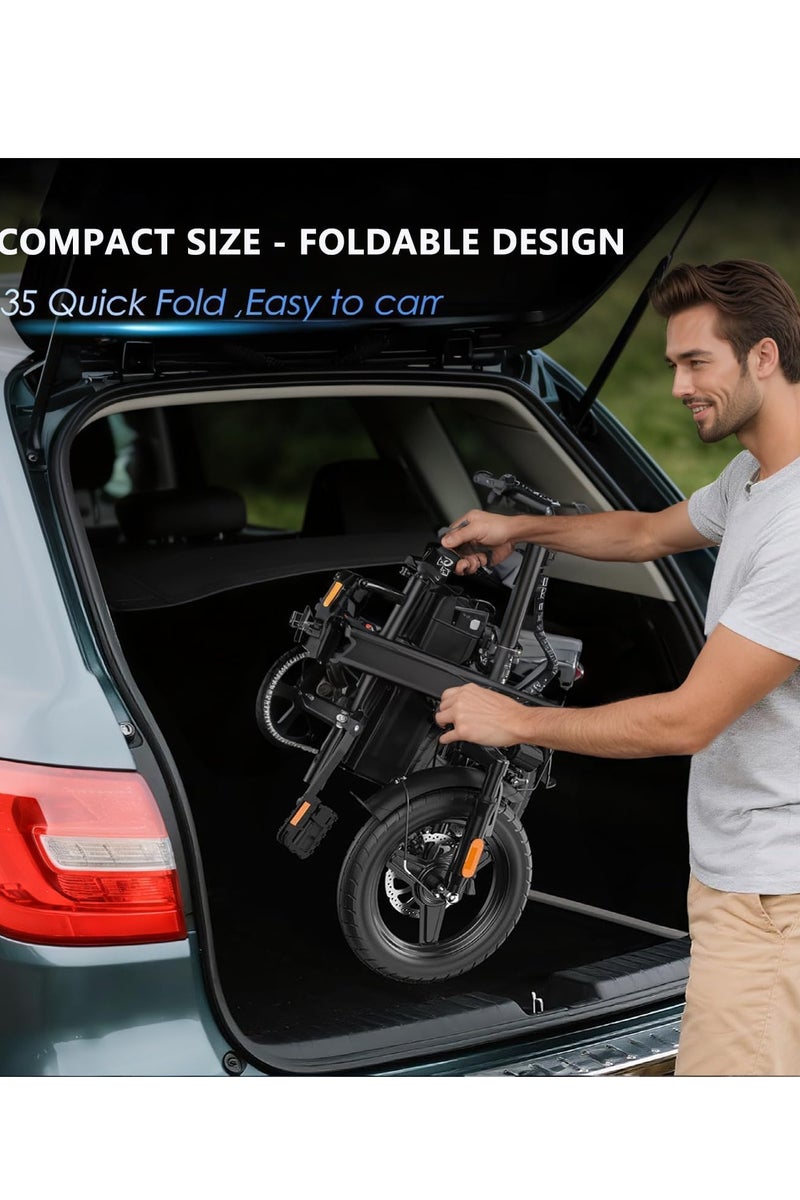 غاز دراجة كهربائية قابلة للطي مقاس 14 بوصة بمدى 100 ميل (مساعدة الدواسة 1) ببطارية 48 فولت، وسرعة 20 ميلًا في الساعة بقوة 500 وات، دراجة كهربائية للبالغين، مناسبة للتنقل، إطارات للتنقل، الشاطئ، الثلج، سكوتر كهربائي جبلي - Image 3