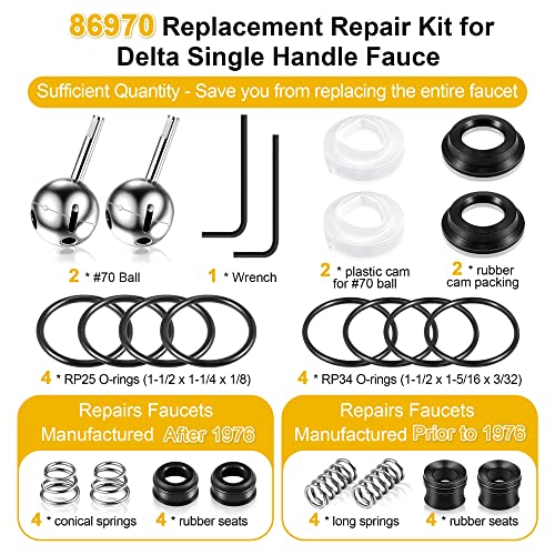 Enhon Kitchen Faucet Cartridge Repair Kit, Compatible with Delta/peerless Faucet 86970 Single Handle #70 Ball Valves and Lever Handles, Fix Dripping Faucets, Stainless Steel (2 Packs) - Image 3
