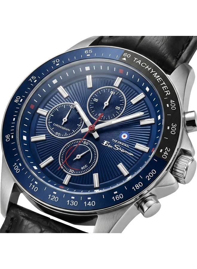 بين شيرمان Winchester Blue Dial Black Genuine Leather Strap Chronograph Watch for Men, 43.2mm