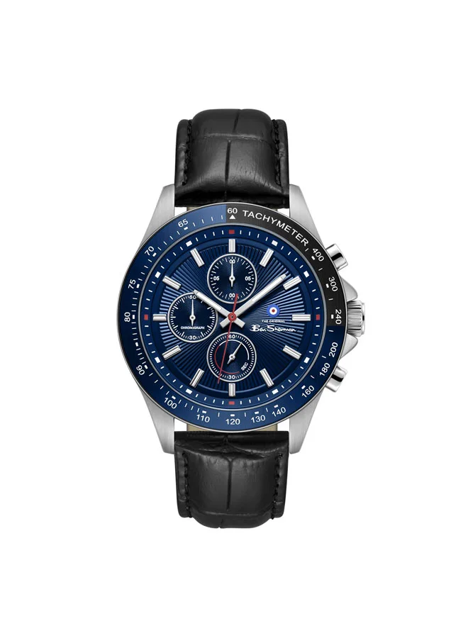 بين شيرمان Winchester Blue Dial Black Genuine Leather Strap Chronograph Watch for Men, 43.2mm
