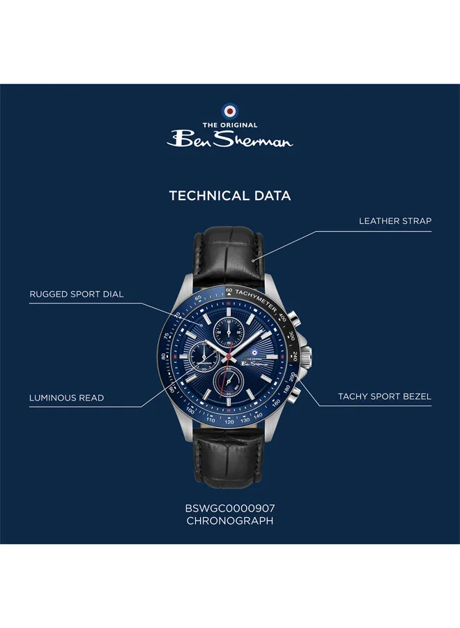 Ben Sherman Blue Winchester Blue Dial Black Genuine Leather Strap Chronograph Watch for Men, 43.2mm for Men | Best Price UAE
