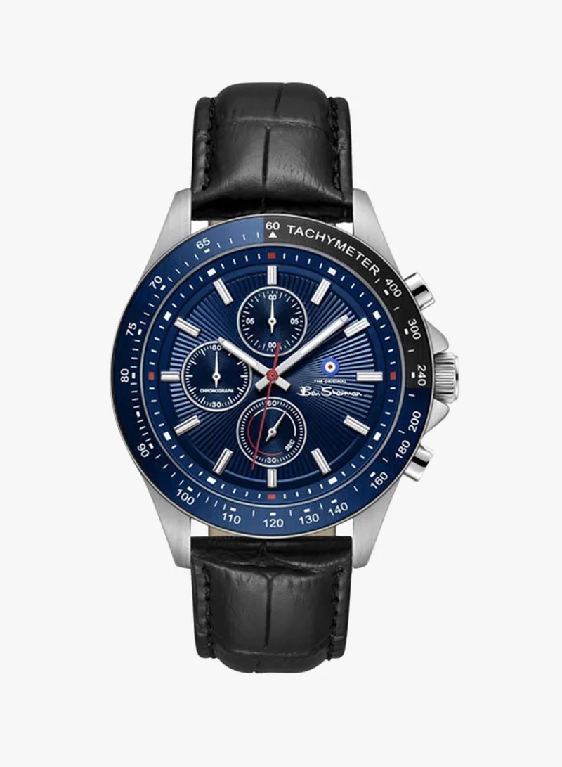 Ben Sherman Winchester Blue Dial Black Genuine Leather Strap Chronograph Watch for Men, 43.2mm
