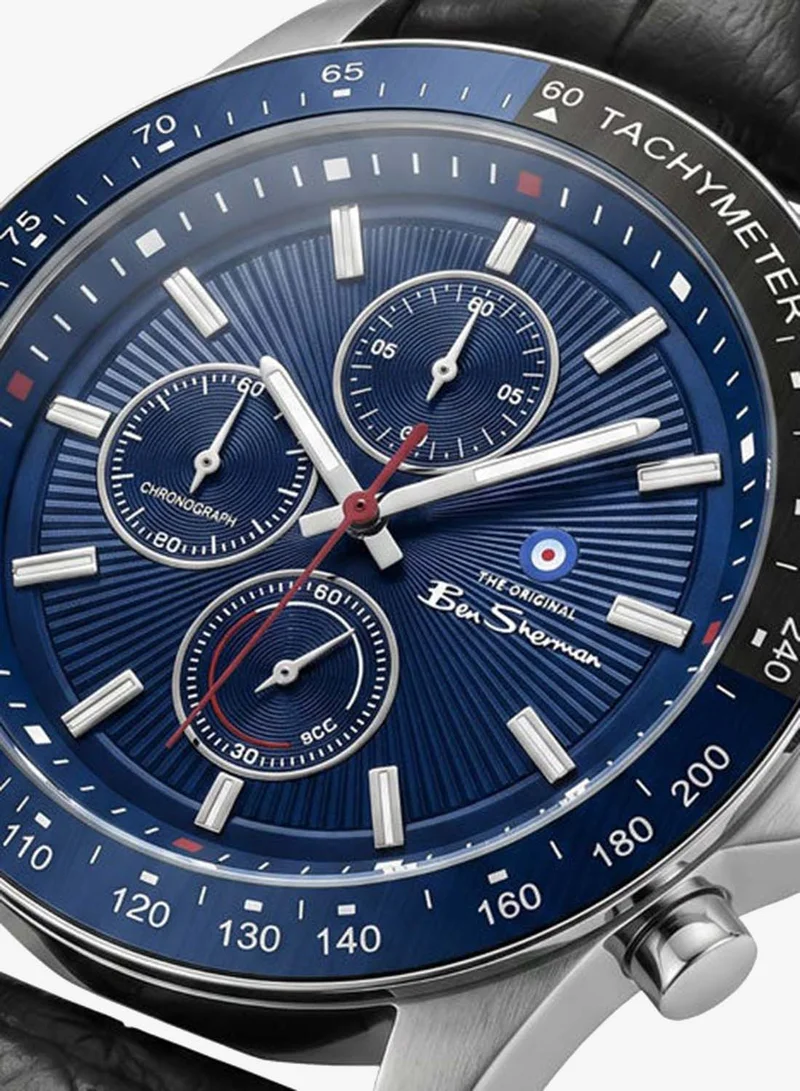Ben Sherman Winchester Blue Dial Black Genuine Leather Strap Chronograph Watch for Men, 43.2mm