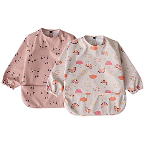 GZMM Waterproof Baby Bibs,Infant Toddler Long Sleeve Feeding Bib With Food Catcher,Easy Clean & Washable 2 Pack - Image 1