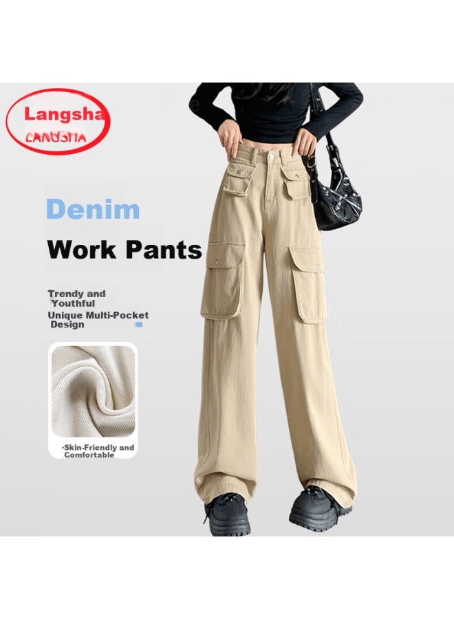 Langsha High-waist White Denim Cargo Pants For Women Spring Autumn High Street Design Loose Casual Straight-leg Wide-leg Floor-length Trousers
