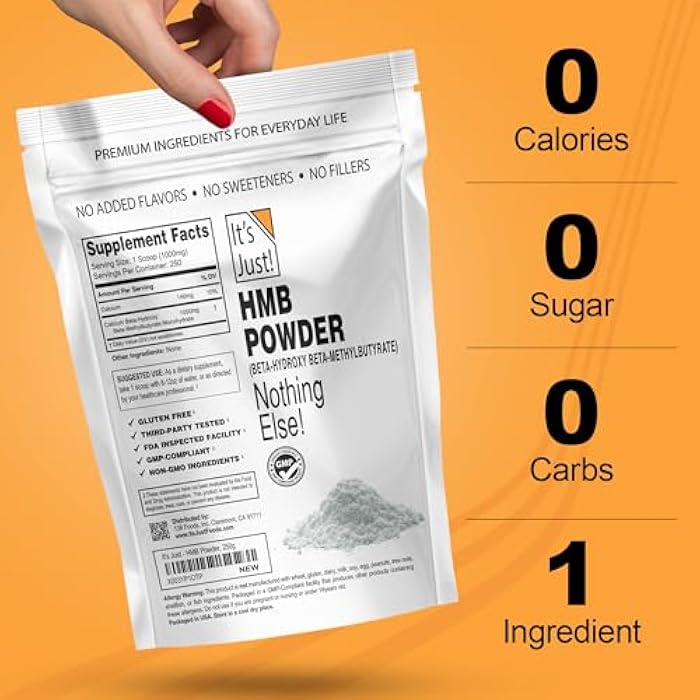 It's Just! - HMB Powder, 250g, Beta-Hydroxy Beta-Methylbutyrate, as Calcium HMB, Batch Tested Gluten Free, Non-GMO, Heavy Metal Tested, Keto Friendly (Unflavored, 250g) - Image 3