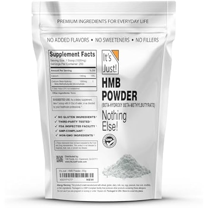 It's Just! - HMB Powder, 250g, Beta-Hydroxy Beta-Methylbutyrate, as Calcium HMB, Batch Tested Gluten Free, Non-GMO, Heavy Metal Tested, Keto Friendly (Unflavored, 250g) - Image 2