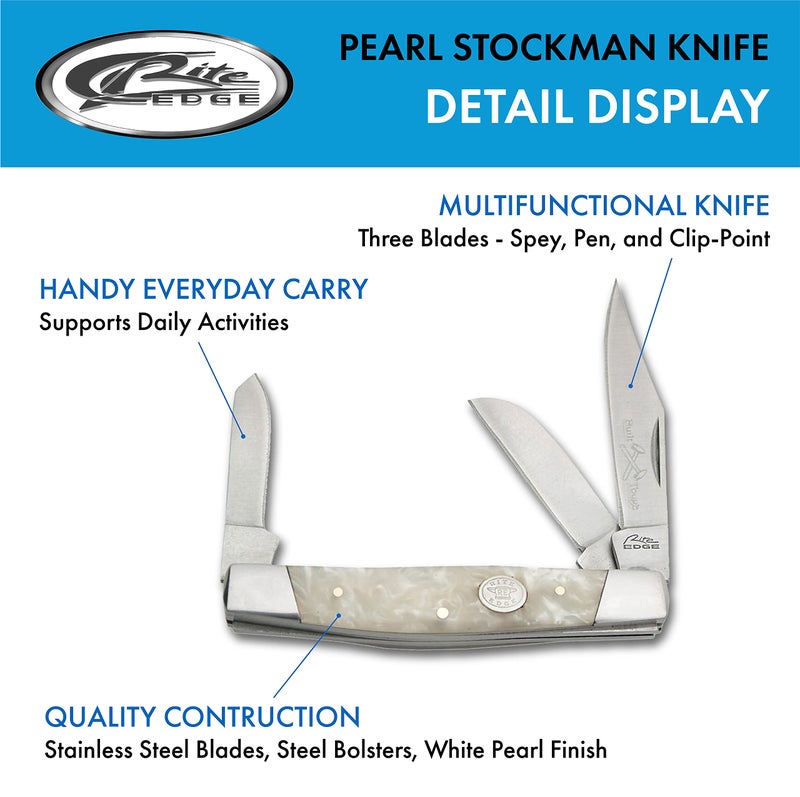 Rite Edge 4" Stockman Pocket Knife – 3 Blade Folding Knife with Stainless Steel Blades & White Pearl Handle – Pocket Knives & Folding Knives for EDC, Hunting, Camping, Collectible - Image 2
