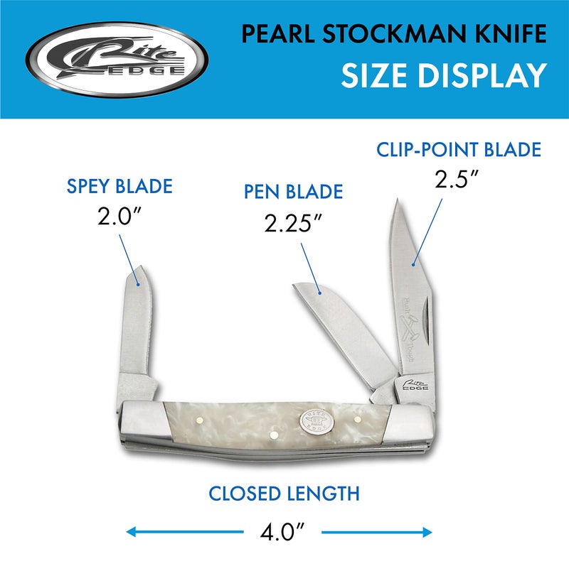 Rite Edge 4" Stockman Pocket Knife – 3 Blade Folding Knife with Stainless Steel Blades & White Pearl Handle – Pocket Knives & Folding Knives for EDC, Hunting, Camping, Collectible - Image 3