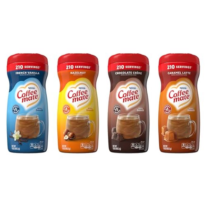 Coffee Mate Flavored Creamer 4 Pack Variety Pack (15 Oz Bottles) Chocolate CrMe, French Vanilla, Hazelnut, Caramel Latte - Image 1