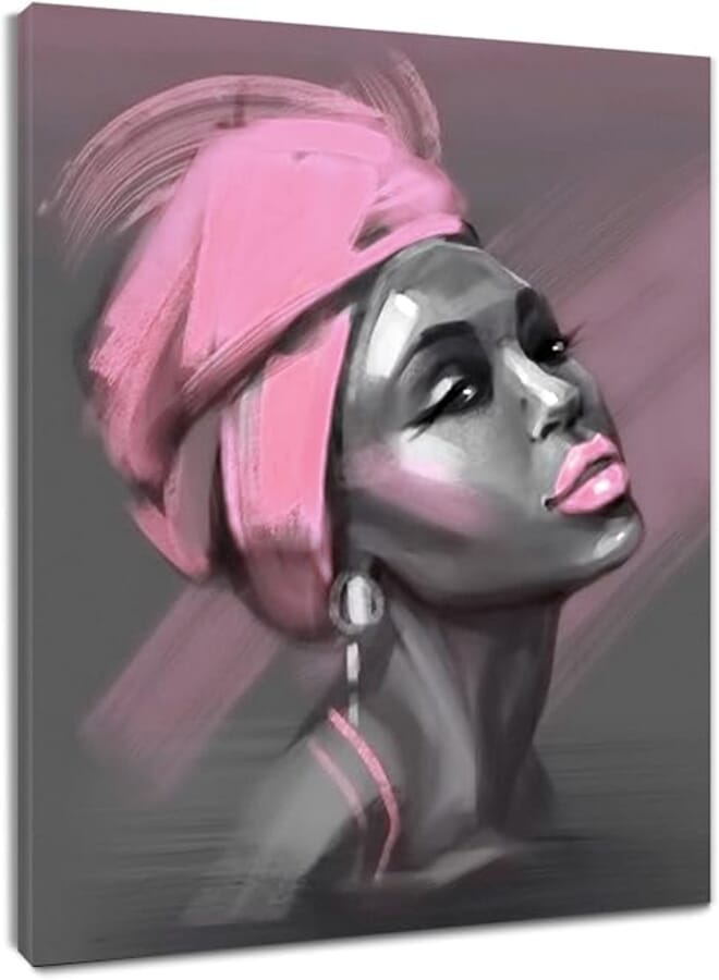 LB African American Women Canvas Wall Art, Beauty Black Woman Pink Hair Canvas Art, Abstract Minimalist Painting Wall Decor for Living Room Bedroom Bathroom Home Decor Ready to Hanging 12x16 Inch