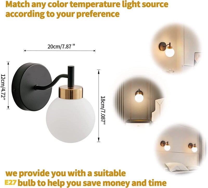 WHITERAY WHITERAY Bedside Wall Light Lamp with Glass Shade for Bedroom Living Room Modern Restaurant Kitchen or for Home Decoration Doom Glass Black Gold Without Bulb - Image 4