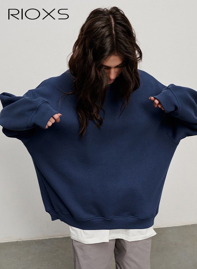 ريوكس سويت شيرتات نسائية كبيرة الحجم، بلوفرات بغطاء للرأس بأكمام طويلة وياقة دائرية، قمصان ناعمة كاجوال، ملابس خريفية أنيقة للفتيات المراهقات، أزرق داكن - Image 2