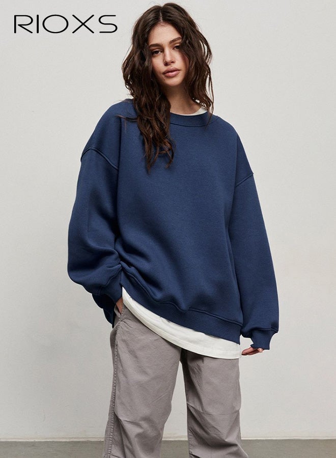 ريوكس سويت شيرتات نسائية كبيرة الحجم، بلوفرات بغطاء للرأس بأكمام طويلة وياقة دائرية، قمصان ناعمة كاجوال، ملابس خريفية أنيقة للفتيات المراهقات، أزرق داكن - Image 5