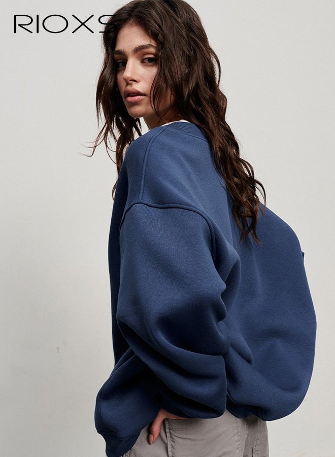 ريوكس سويت شيرتات نسائية كبيرة الحجم، بلوفرات بغطاء للرأس بأكمام طويلة وياقة دائرية، قمصان ناعمة كاجوال، ملابس خريفية أنيقة للفتيات المراهقات، أزرق داكن - Image 4