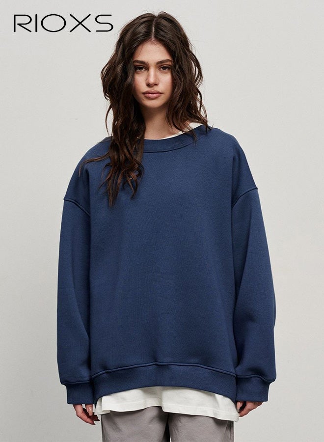 ريوكس سويت شيرتات نسائية كبيرة الحجم، بلوفرات بغطاء للرأس بأكمام طويلة وياقة دائرية، قمصان ناعمة كاجوال، ملابس خريفية أنيقة للفتيات المراهقات، أزرق داكن - Image 1