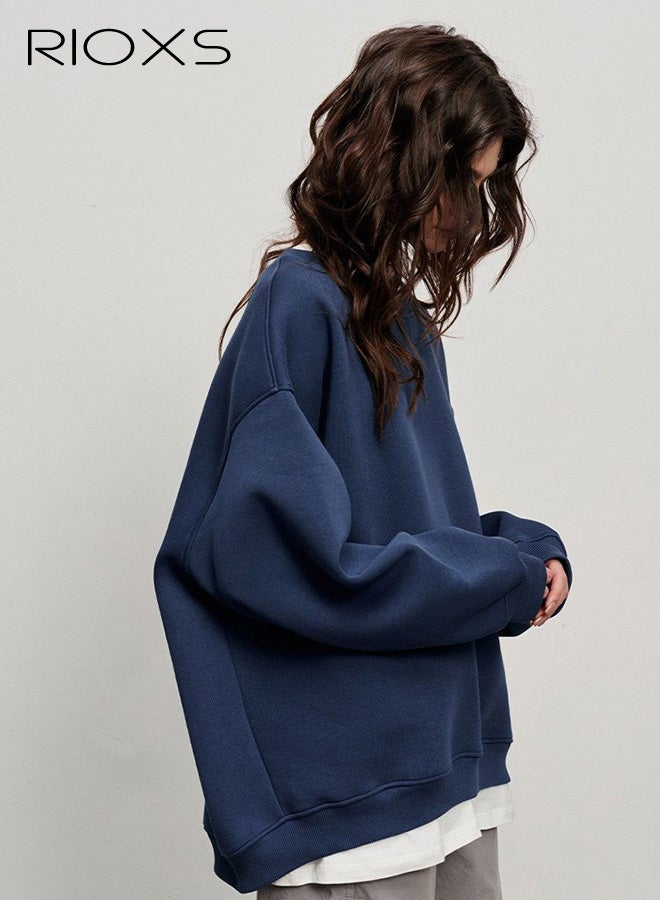 ريوكس سويت شيرتات نسائية كبيرة الحجم، بلوفرات بغطاء للرأس بأكمام طويلة وياقة دائرية، قمصان ناعمة كاجوال، ملابس خريفية أنيقة للفتيات المراهقات، أزرق داكن - Image 3