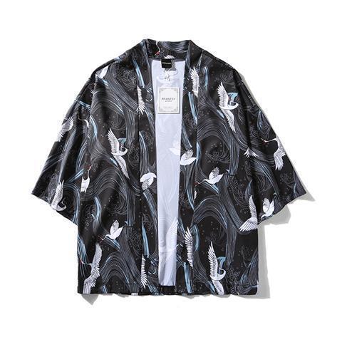 Japanese Retro Dark Ukiyo-e Kimono Cardigan Unisex Casual Loose Fit Shirt Jacket 01 Black Crane Robe