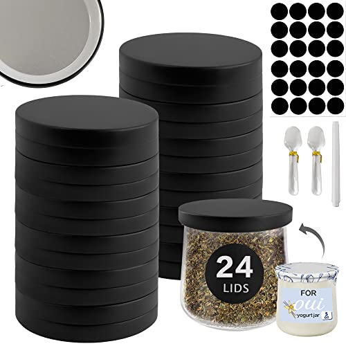 Kreapa Oui Yogurt Jar Lids 24 Pack Black Metal Oui Lids for Yoplait Yogurt Container, lids for oui yogurt jars with repeat writing label and white chalk - Image 1