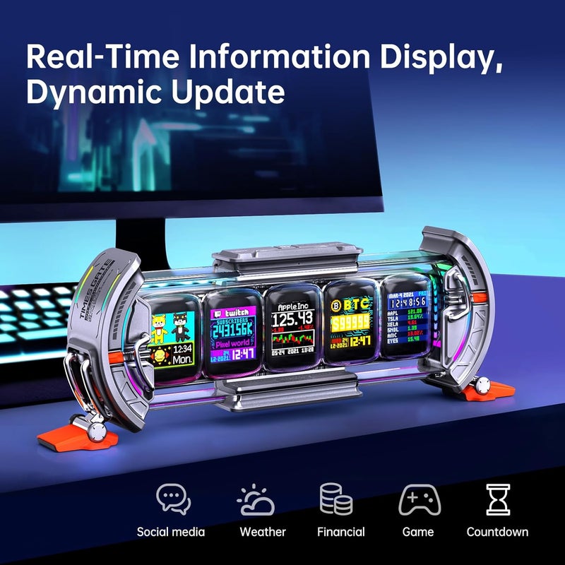 Divoom Times Gate - Cyberpunk Gaming Setup Digital Alarm Clock, Smart APP, WiFi Connect, RGB LED Display, Personalized Financial & Bitcoin Dashboard, Pixel Art for Gaming Room & Office Decor, Silver - Image 3