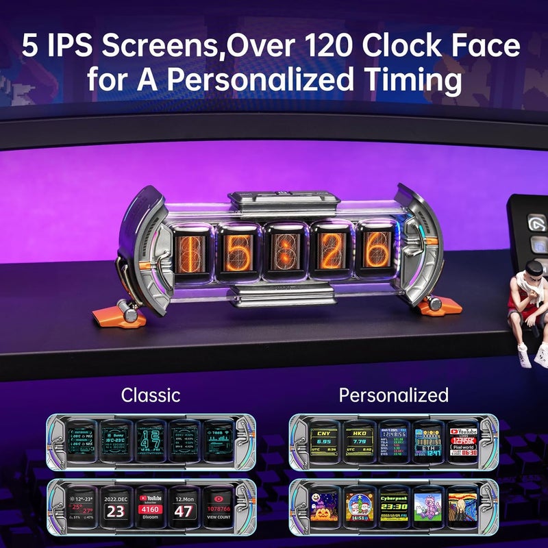 Divoom Times Gate - Cyberpunk Gaming Setup Digital Alarm Clock, Smart APP, WiFi Connect, RGB LED Display, Personalized Financial & Bitcoin Dashboard, Pixel Art for Gaming Room & Office Decor, Silver - Image 2