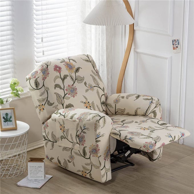 RECLINER CHAIR COVERS WITH POCKETS FOR ELECTRIC CHAIR 4 PIECES FLORAL STRETCH RECLINER SOFA SLIPCOVERS NON SLIP RECLINING SOFA COVER FURNITURE PROTECTORBEIGE CLASSIC