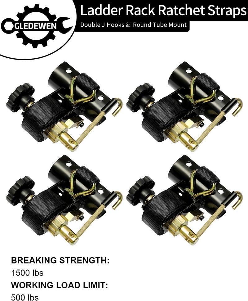 Gledewen Ladder Rack Ratchet Straps with J-Hook (4PCS) - 2" Black Round Tube Mount, 1.5" Wide x 7.5' Long Heavy Duty Cargo Buckle Rack Lock Strap - Image 2