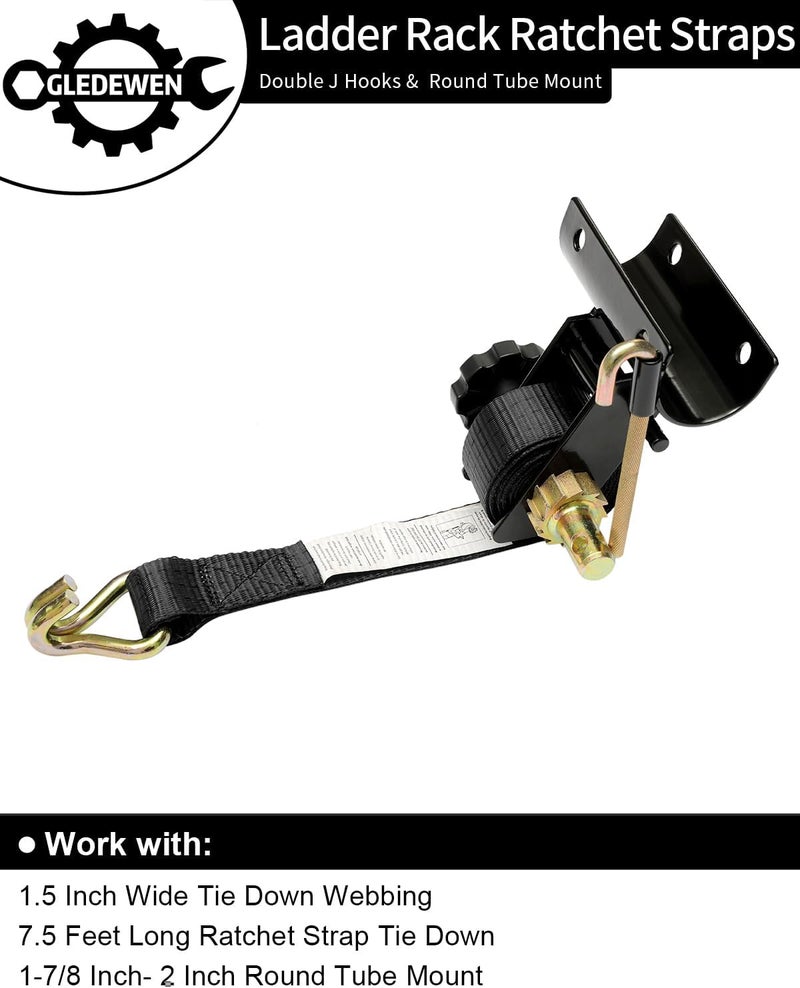Gledewen Ladder Rack Ratchet Straps with J-Hook (4PCS) - 2" Black Round Tube Mount, 1.5" Wide x 7.5' Long Heavy Duty Cargo Buckle Rack Lock Strap - Image 3