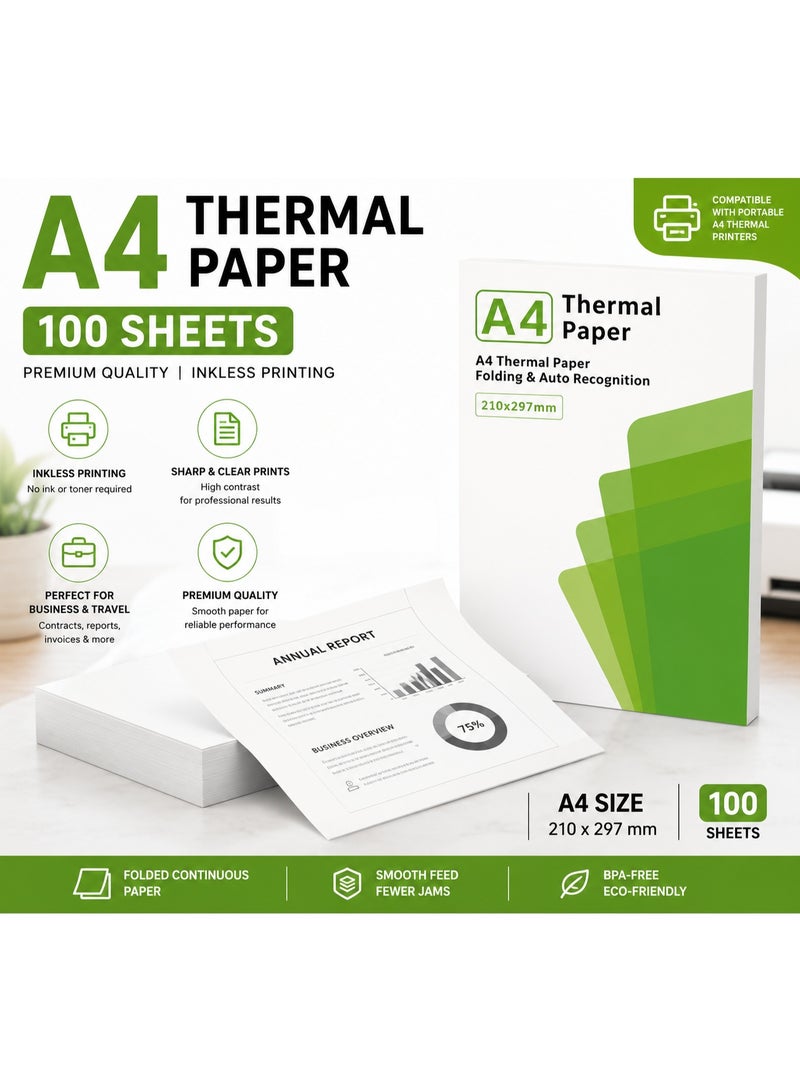 A4 Thermal Printer Paper 100 Sheets | Folded Thermal Paper | Inkless Printing Paper for Portable A4 Thermal Printers | 210 × 297 mm - Image 1