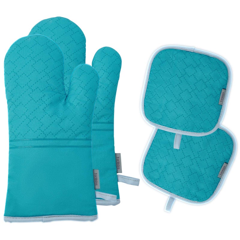 Tormays Tormays 4Pcs Oven Mitts and Pot Holders Set 572F Heat Resistant Oven Glove Soft Cotton Lining with NonSlip Surface for Kitchen Baking BBQ Turquoise 