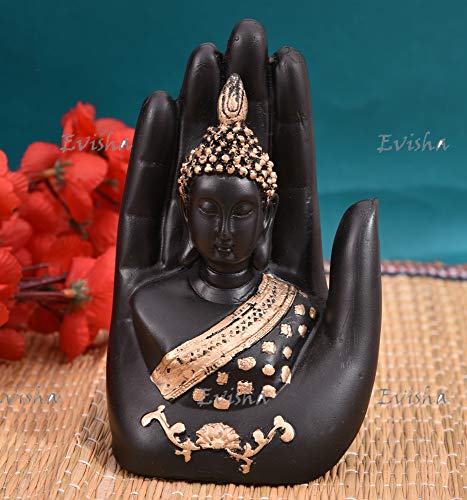 Evisha Black Lord Buddha in Hand Palm Decorative polyresin Showpiece Idol Statue | Palm Buddha for Home Decoration | Showpiece for Gifting - Image 1