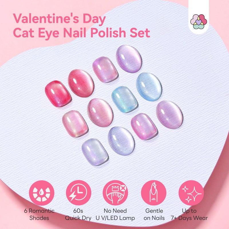 SAVILAND Valentine Nail Polish Set: Quick Dry 6 Colors Cat Eye Nail Polish Shimmer Romantic Pink Series Magnetic Cateye Fingernail Polish with Magnet Stick DIY Manicure Gift for Women Girls10ml - Image 2