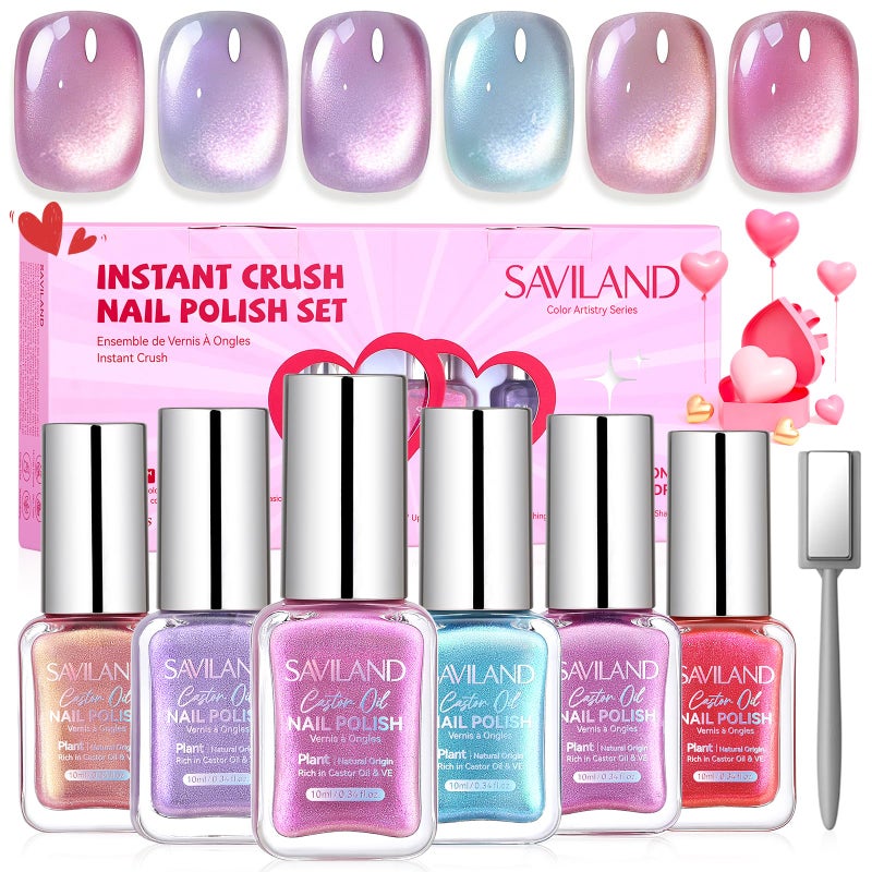SAVILAND Valentine Nail Polish Set: Quick Dry 6 Colors Cat Eye Nail Polish Shimmer Romantic Pink Series Magnetic Cateye Fingernail Polish with Magnet Stick DIY Manicure Gift for Women Girls10ml - Image 1