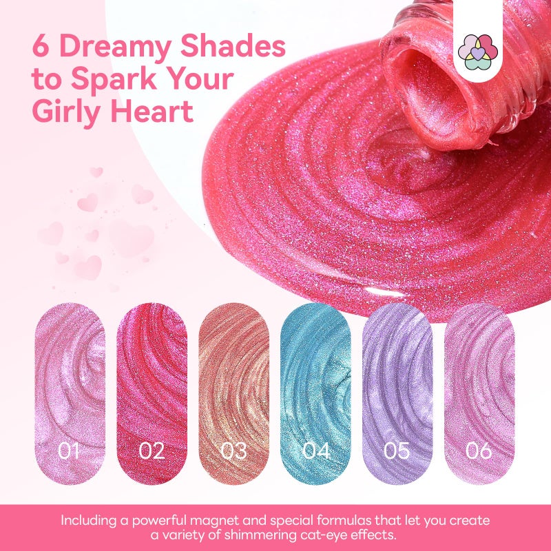 SAVILAND Valentine Nail Polish Set: Quick Dry 6 Colors Cat Eye Nail Polish Shimmer Romantic Pink Series Magnetic Cateye Fingernail Polish with Magnet Stick DIY Manicure Gift for Women Girls10ml - Image 3
