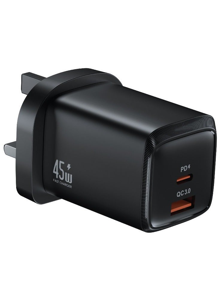 GREEN LION G-Charge Series Dual Port Wall Charger/ PD45W & QC 18W/ PPS 45W Max/ GaN Technology/ Type-C & USB-A Ports Travel Charger /Fast Charging Wall Charger/ UK Plug - Black - Image 1