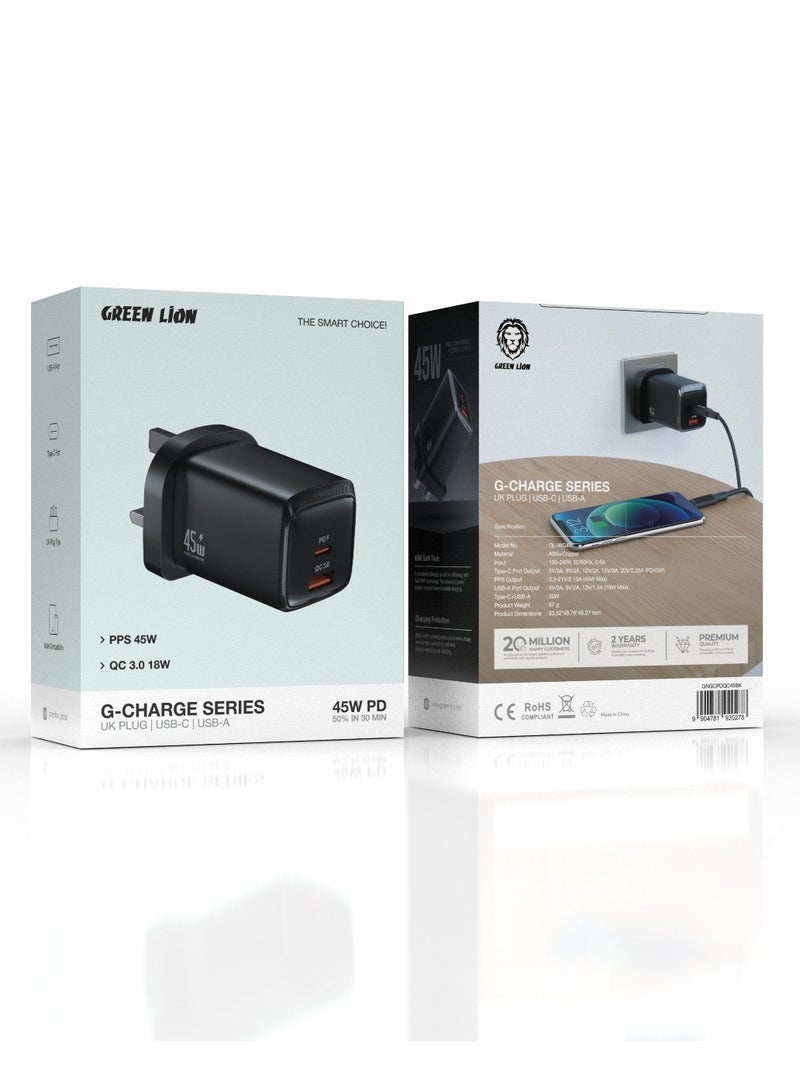 GREEN LION G-Charge Series Dual Port Wall Charger/ PD45W & QC 18W/ PPS 45W Max/ GaN Technology/ Type-C & USB-A Ports Travel Charger /Fast Charging Wall Charger/ UK Plug - Black - Image 2