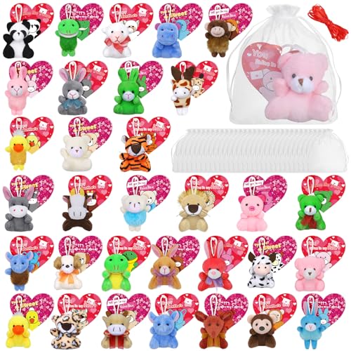 Fovths 32 Packs Valentines Day Mini Stuffed Animal with Heart Cards Jungle Animals Plush Toy Keychain for Valentines Day Gifts School Classroom Exchange Game Prize Party Favors - Image 1
