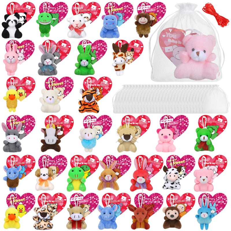 Fovths 32 Packs Valentines Day Mini Stuffed Animal with Heart Cards Jungle Animals Plush Toy Keychain for Valentines Day Gifts School Classroom Exchange Game Prize Party Favors - Image 3