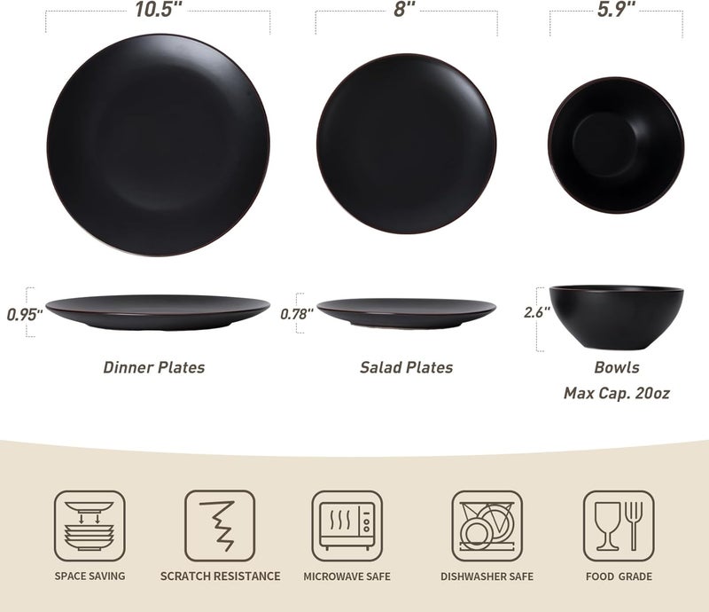 Famiware Venus Plates and Bowls Sets 12 Pieces Stoneware Dinnerware Sets Dishes Set for 4 Microwave and Dishwasher Safe Matte Black - Image 2