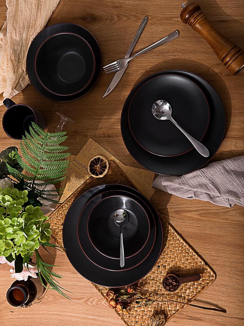 Famiware Venus Plates and Bowls Sets 12 Pieces Stoneware Dinnerware Sets Dishes Set for 4 Microwave and Dishwasher Safe Matte Black - Image 3