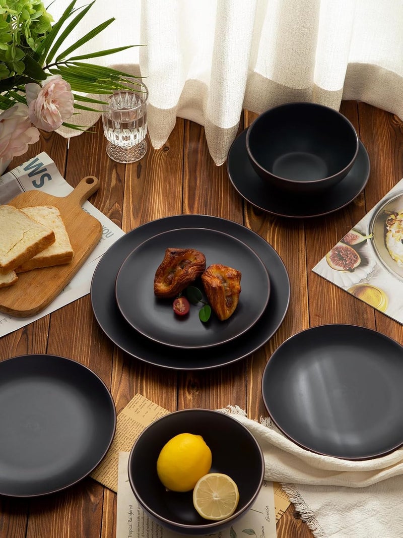 Famiware Venus Plates and Bowls Sets 12 Pieces Stoneware Dinnerware Sets Dishes Set for 4 Microwave and Dishwasher Safe Matte Black - Image 5