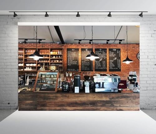 BELECO 7x5ft Fabric Cozy Coffee Restaurant Bar Backdrop for Photography Coffee Shop Interior Vintage Brick Wall Wooden Counter Background for Party Decorations Photo Booth Studio Props Wallpaper - Image 3