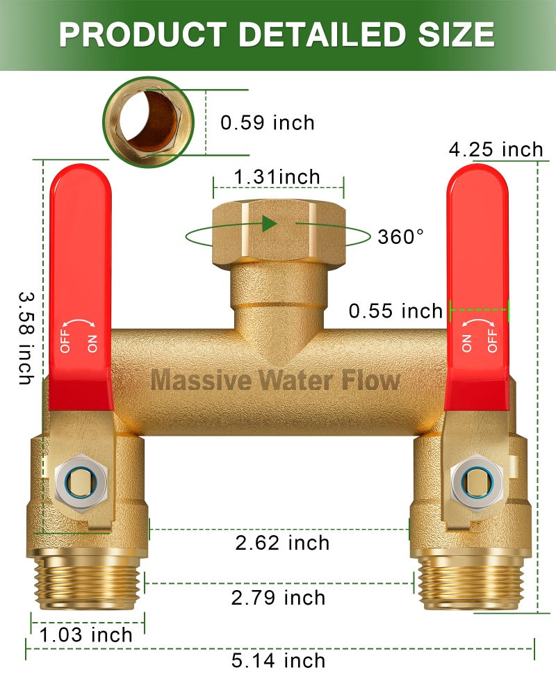 LNEZCDB Hose Splitter 2 Way Heavy Duty, Full Flow Garden Hose Splitter with 2 Long Metal Handles, Brass Rust and Freeze Resistant Water Hose Bib Splitter, T Adapter Connector with 3/4 - Inch GHT Thread（Red） - Image 2