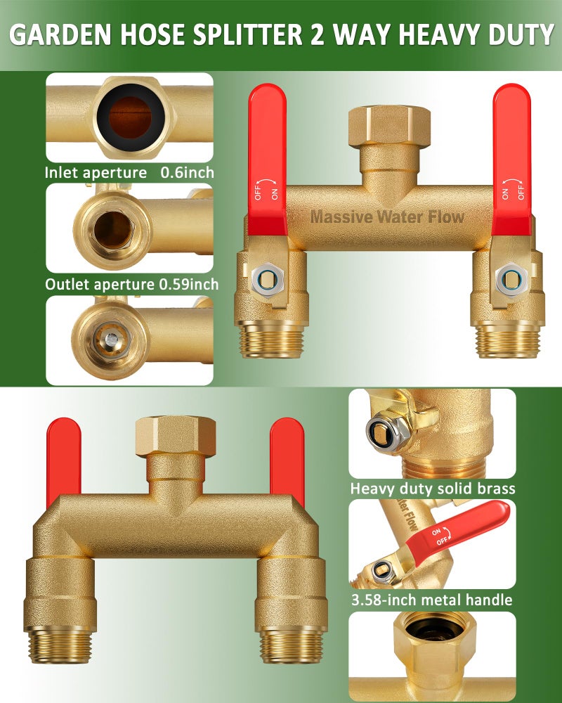 LNEZCDB Hose Splitter 2 Way Heavy Duty, Full Flow Garden Hose Splitter with 2 Long Metal Handles, Brass Rust and Freeze Resistant Water Hose Bib Splitter, T Adapter Connector with 3/4 - Inch GHT Thread（Red） - Image 4