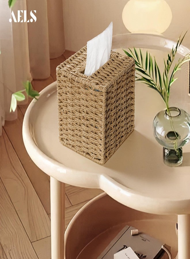 AELS Farmhouse Tissue Box Cover Square, Hand Woven Strawpaper Facial Tissue Paper Holder, Cute Tissue Box Holder Square, Boho Bathroom Decor Box for Tissues Cube Box w/Elastic Bottom, Natural - Image 5