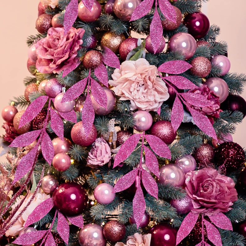 Winlyn 20 Pcs Pink Glitter Bay Leaf Sprays Artificial Christmas Tree Picks Sprays 12.7"" Tall for Pink Christmas Tree Wreath Swag Floral Arrangement Winter Wedding Bouquet Centerpiece Decoration - Image 3