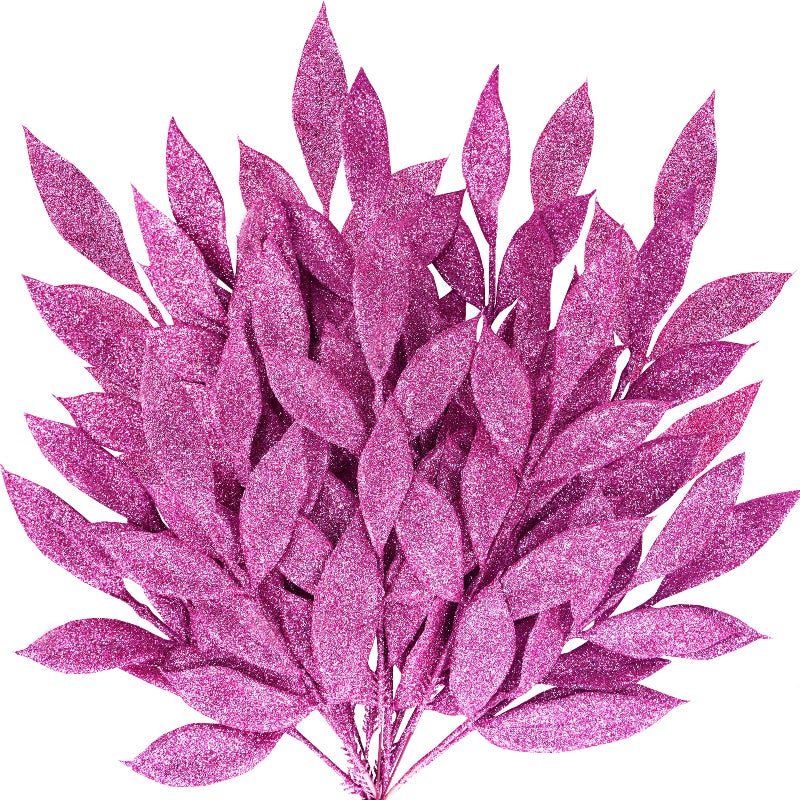 Winlyn 20 Pcs Pink Glitter Bay Leaf Sprays Artificial Christmas Tree Picks Sprays 12.7"" Tall for Pink Christmas Tree Wreath Swag Floral Arrangement Winter Wedding Bouquet Centerpiece Decoration - Image 1