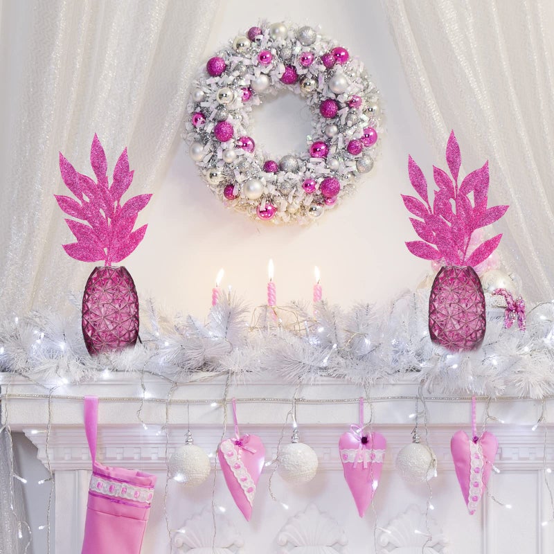 Winlyn 20 Pcs Pink Glitter Bay Leaf Sprays Artificial Christmas Tree Picks Sprays 12.7"" Tall for Pink Christmas Tree Wreath Swag Floral Arrangement Winter Wedding Bouquet Centerpiece Decoration - Image 5